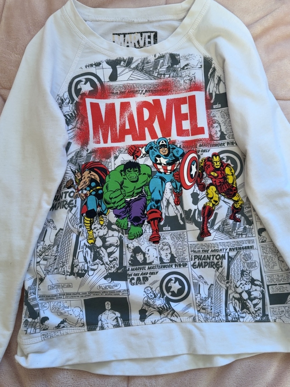Marvel White Raglan Sweatshirt with Red Logo and Multicolor Avengers Artwork